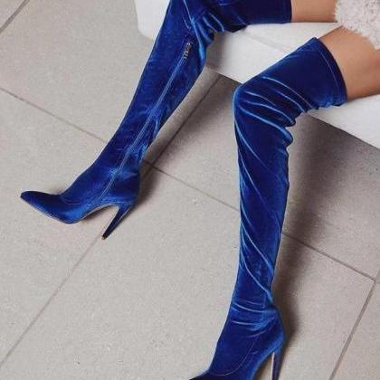 Blue Pointed Elastic High Heel Frosted High Tube..