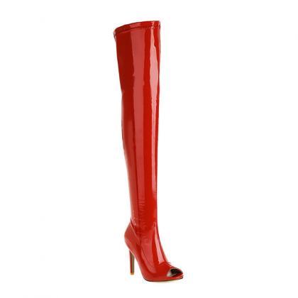 Red Side Zipper Fish Mouth Knee Dance Party Boots
