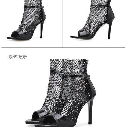 Black Fish Mouth Open Toe Banquet High-heeled..