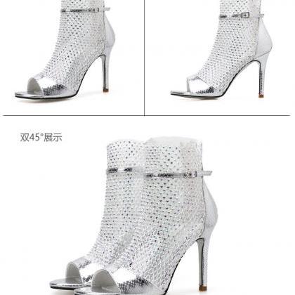 Silvery Fish Mouth Open Toe Banquet High-heeled..