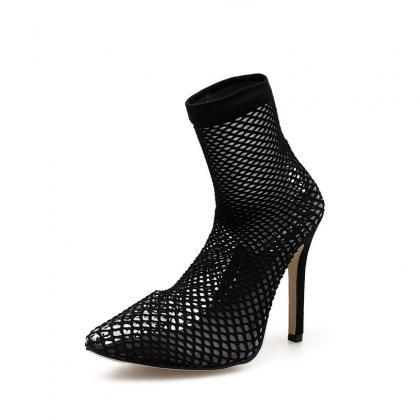 Transparent Mesh Hollow Pointed High-heeled..
