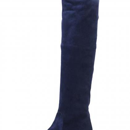 Blue Autumn And Winter High Knee Flat Boots
