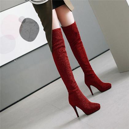 Red Elastic Pointed Large Suede Wom..