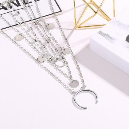 Silvery Multi Layer Disc Star Moon Neck Chain..