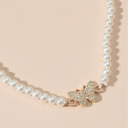 Golden Pearl Pendant Necklace Zircon Butterfly..