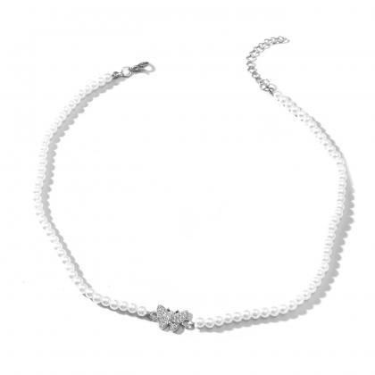 Silvery Pearl Pendant Necklace Zircon Butterfly..