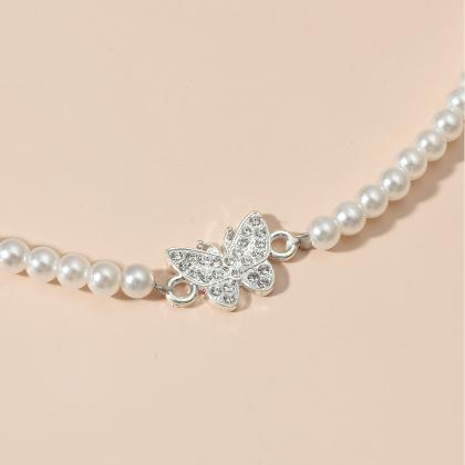 Silvery Pearl Pendant Necklace Zircon Butterfly..