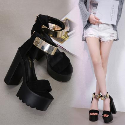 Black Hollow Out 14cm High Thick Heel Waterproof..