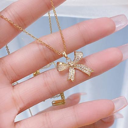 Full Diamond Bow Clavicle Necklace