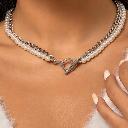 Double Layer Imitation Pearl Cross Chain Necklace..