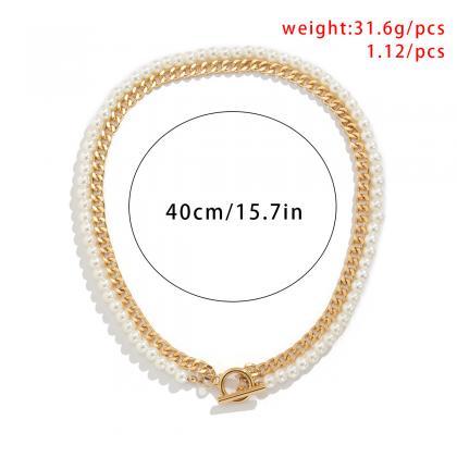 Double Layer Imitation Pearl Cross Chain Necklace..