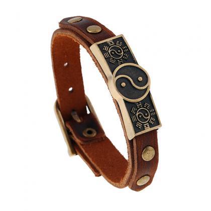 Chinese Bagua Pattern Bracelet Adjustable Leather..