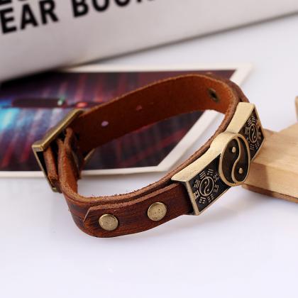 Chinese Bagua Pattern Bracelet Adjustable Leather..