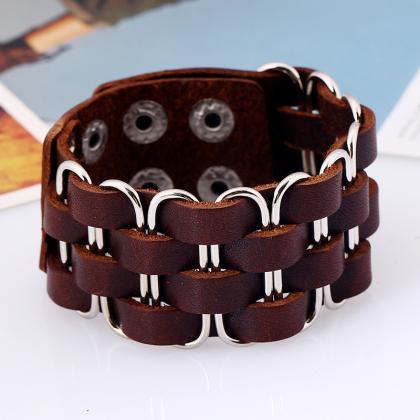 Wide Leather Alloy Rivet Leather Bracelet