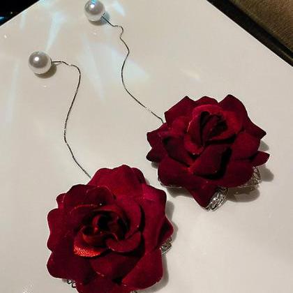 Vintage Red Rose Floral Pearl Earrings Accessories