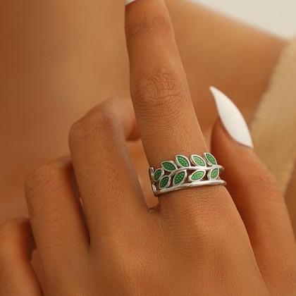 Silver Green Original Leaf Shape Hollow Ring