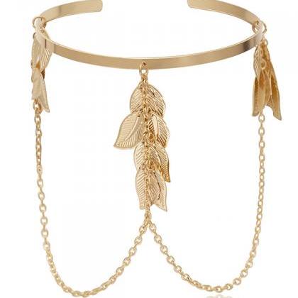 Gold Stylish Leaves Geometric Tasseled Arm Chain..