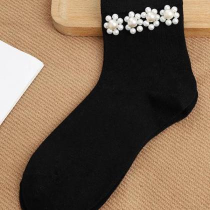 Black Urban Beaded Floral Pearl Socks Accessories