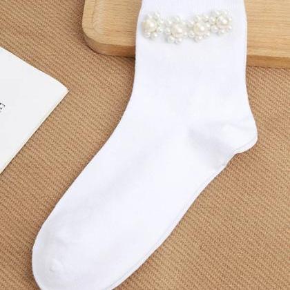 White Urban Beaded Floral Pearl Socks Accessories