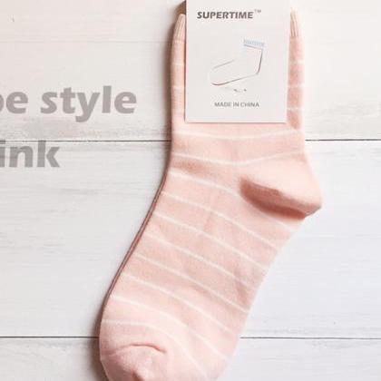 Pink Striped Pure Cotton Simple Socks