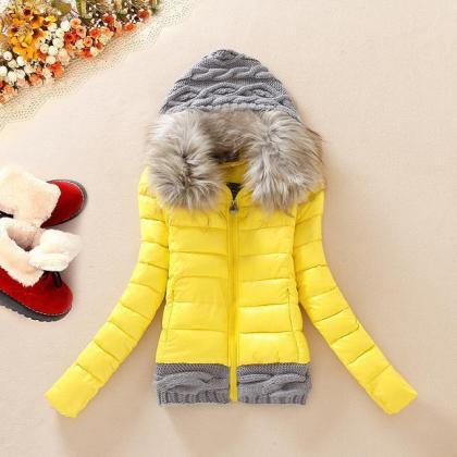Knitted Splicing Stylish Hooded Long Sleeve..