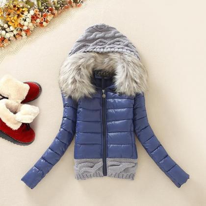 Knitted Splicing Stylish Hooded Long Sleeve..