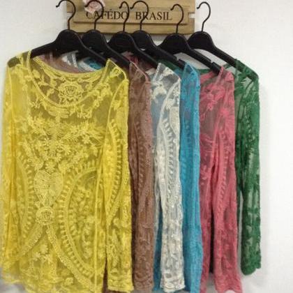 Womens Long Sleeve Hollow-Out Lace ..