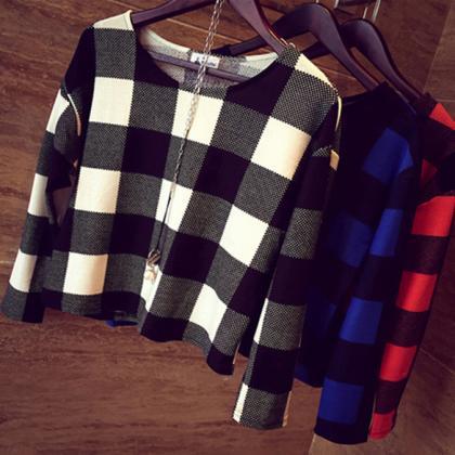 Plaid Print Round Neck Long Sleeve Casual Loose..