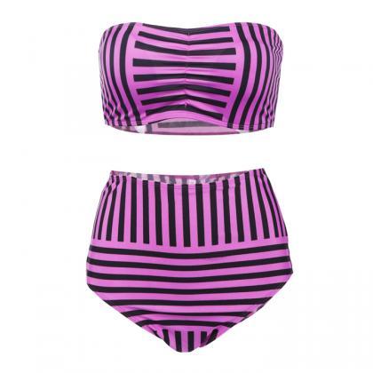 Striped High Waist Slim Bikini Swimsuit