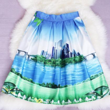 Print Pleated Loose Knee Length Skirt