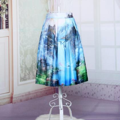 Print Pleated Loose Knee Length Skirt