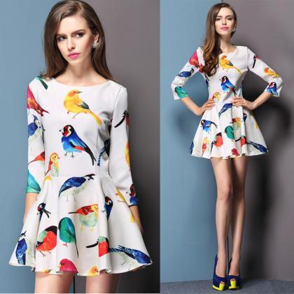 Bird Floral Print Mini A-line Dress