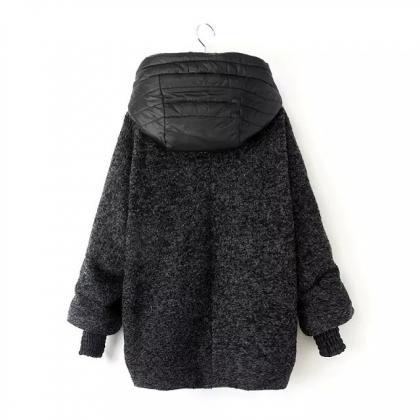 Womens Irregular Woolen Zipper Hooded Coat