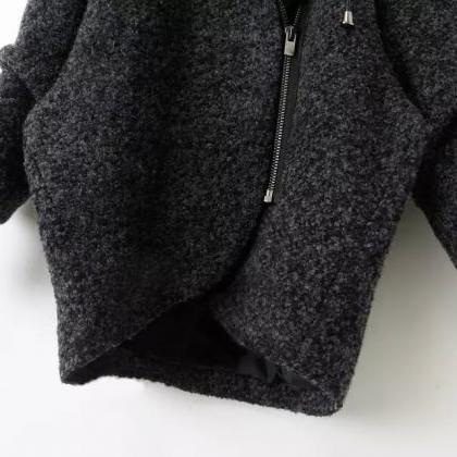 Womens Irregular Woolen Zipper Hooded Coat