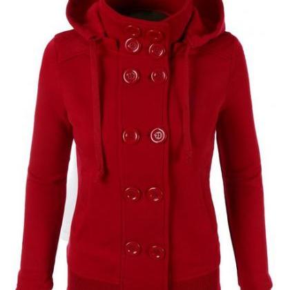 Women Button Hooded Coat with Remov..
