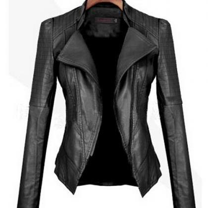 Turn Down Pu Leather Womens Jacket（ct18071001）