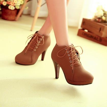 Round Toe Lace Up Ankle Stiletto High Heel Boots