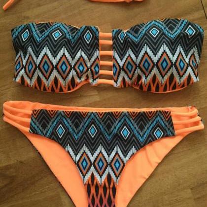 Retro Print Hollow Cut Out Straps Bikini Swimwear