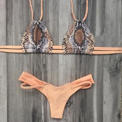 Handmade Plait Straps Print Triangle Bikini..