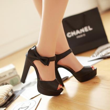 Peep Toe Thick High Heel Sandals With Ribbon