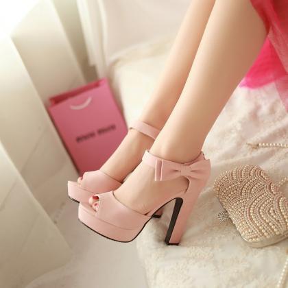 Peep Toe Thick High Heel Sandals With Ribbon
