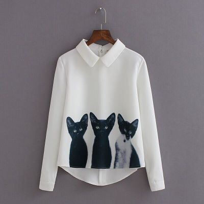 Long Sleeve Pullover Blouse With Three Cats Print