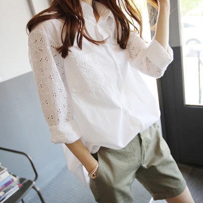 Turn-down Collar Lace Hollow Out Long Sleeves..