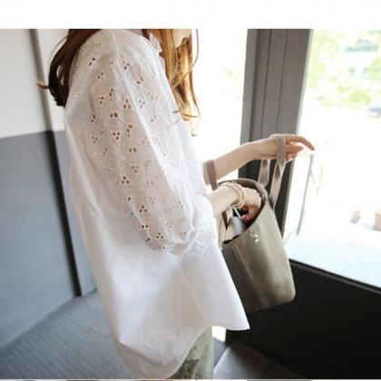 Turn-down Collar Lace Hollow Out Long Sleeves..