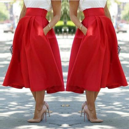 High Waist Pleated Solid Long Skirts