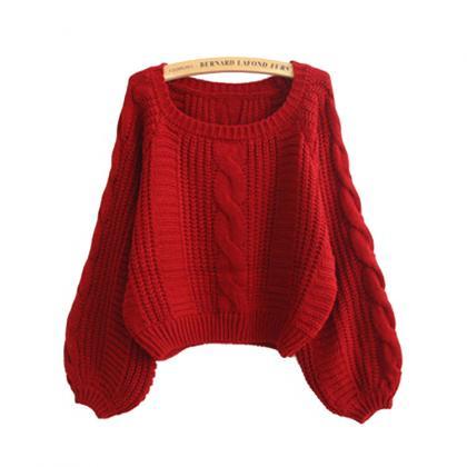 Cable Knit Scoop Neck Puff-sleeved Sweater