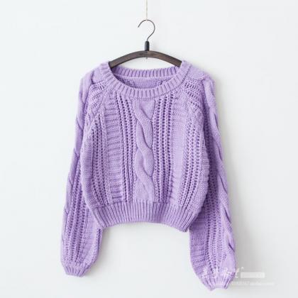 Cable Knit Scoop Neck Puff-sleeved Sweater