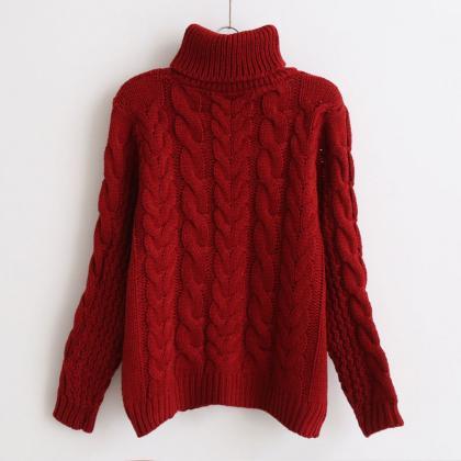 Cable Knit Turtleneck Long Cuffed Sleeves Sweater