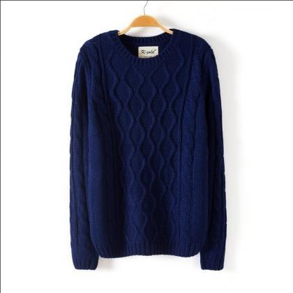 Crew Neck Long Sleeves Cable Knit Sweater