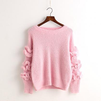 Petal Sleeve Embroidery Solid Color Pullover..